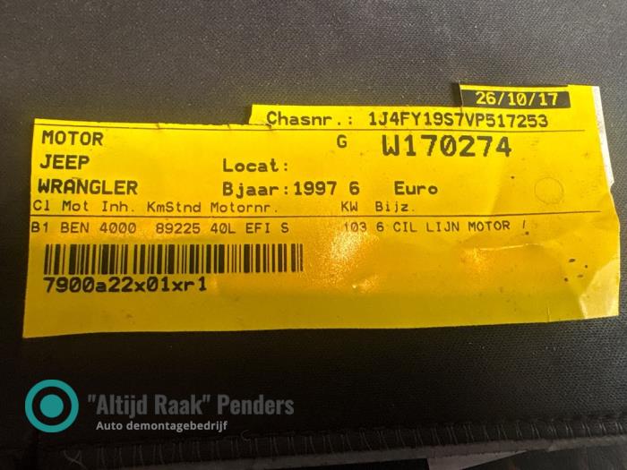 Used Engine Jeep Wrangler (TJ) 4.0 4x4 Price on request offered by "Altijd Raak" Penders