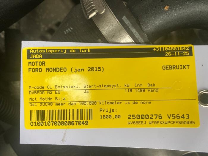 Engine Ford Mondeo V Wagon, 2014 / 2022 1.5 TDCi, Combi/o, Diesel, 1.499cc, 88kW (120pk), FWD, XUCA, 2015-03 / 2022-03 (Used)