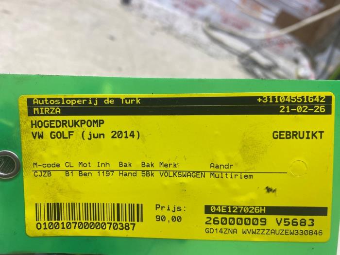 Begagnade Högtryckspump Volkswagen Golf VII (AUA) 1.2 TSI 16V Pris € 108,90 Inklusive moms erbjuds av Autosloperij de Turk
