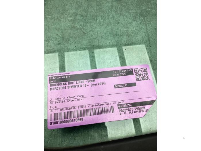 Usados Ventanilla triangular izquierda delante Mercedes Sprinter 3,5t (907.6/910.6) 311 CDI 2.0 D RWD Precio € 50,00 Norma de margen ofrecido por Gebr Opdam B.V.