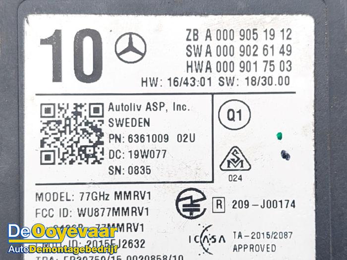 Radar sensor from a Mercedes-AMG A-Klasse AMG (177.0) 2.0 A-35 AMG Turbo 16V 4Matic 2019