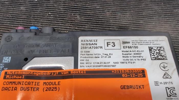 Usados Módulo de comunicación Dacia Duster (DJF) 1.2 TCE 130 12V Mild Hybrid 4x4 Precio € 105,00 Norma de margen ofrecido por Autodemontagebedrijf van Boxtel