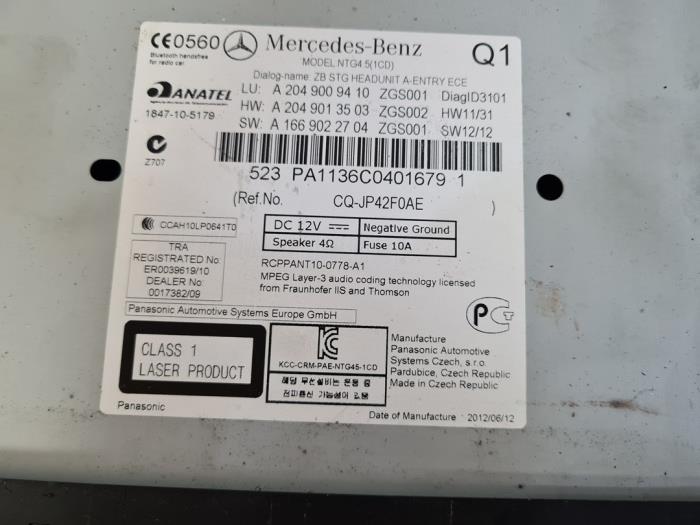Radio/Lecteur CD d'un Mercedes-Benz C (C204) 1.6 C-180 16V BlueEfficiency 2012