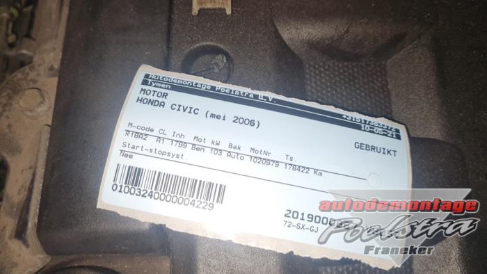 Gebrauchte Motor Honda Civic (FK/FN) 1.8i VTEC 16V Preis € 350,00 Margenregelung angeboten von Autodemontage Poelstra B.V.