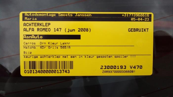 Portón trasero de un Alfa Romeo 147 (937) 1.6 HP Twin Spark 16V 2008